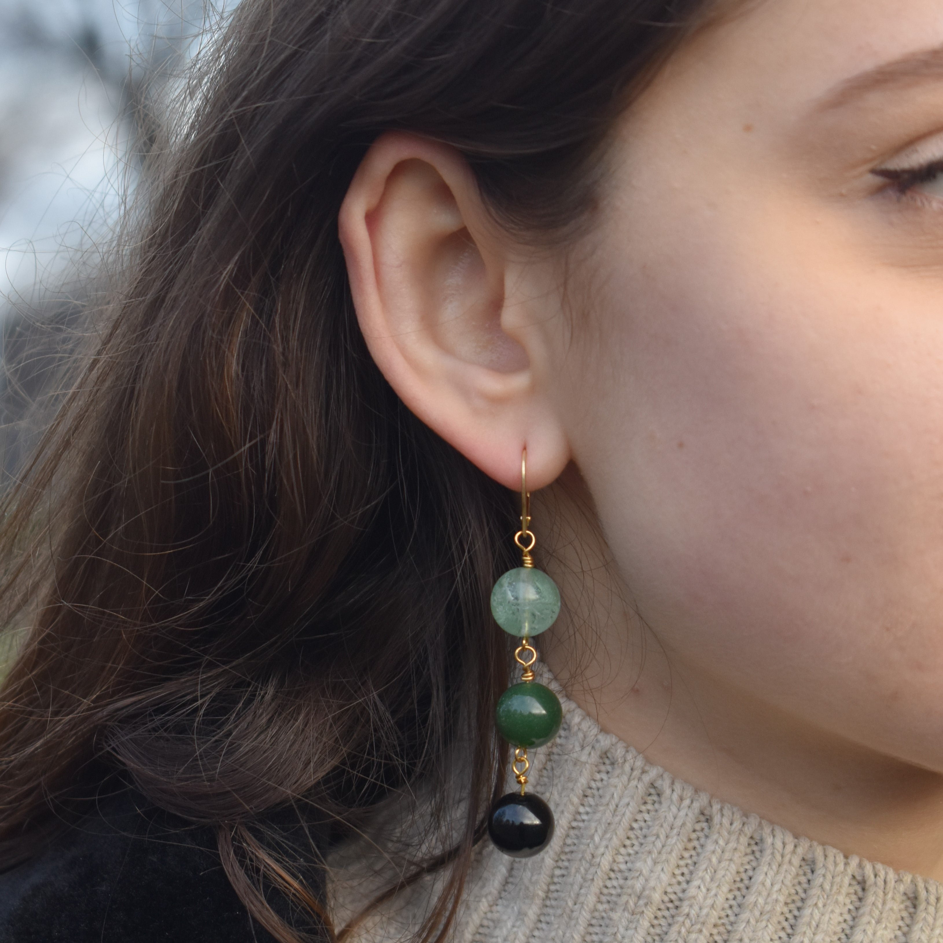 Green Quartz, Green Agate and Black Onyx Yellow Gold vermeil, 9k or 18k Gold Vermeil Earrings, Bloom Collection | by nlanlaVictory