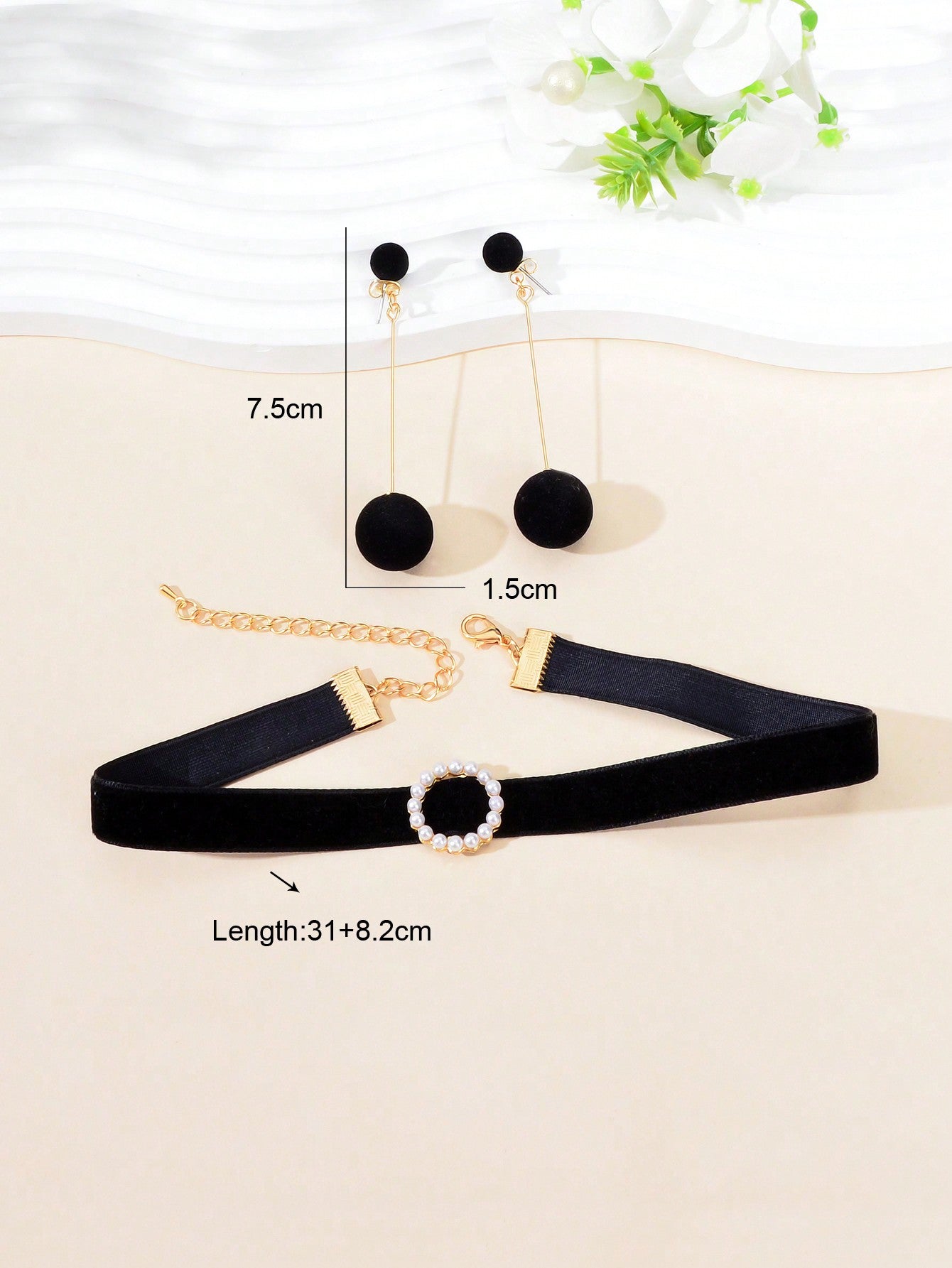 Chic Velvet Pearl Short Choker Necklace Long Earrings Set Elegant Black Ensemble-3