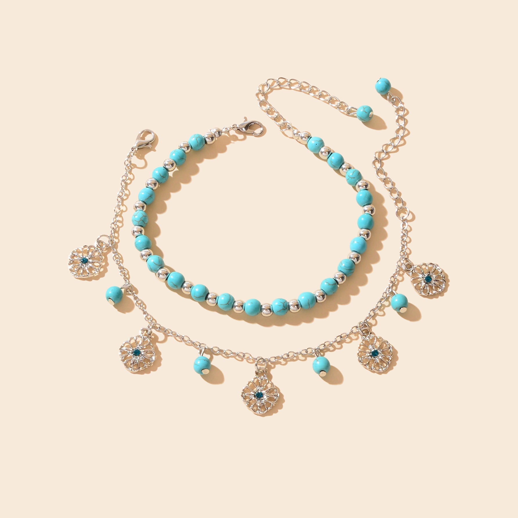 Turquoise Beads Double-Layered Anklet Round Pendant Boho Chic Foot Jewellery-1