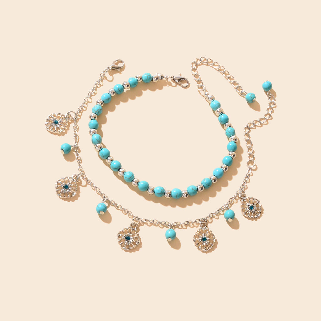 Turquoise Beads Double-Layered Anklet Round Pendant Boho Chic Foot Jewellery-2
