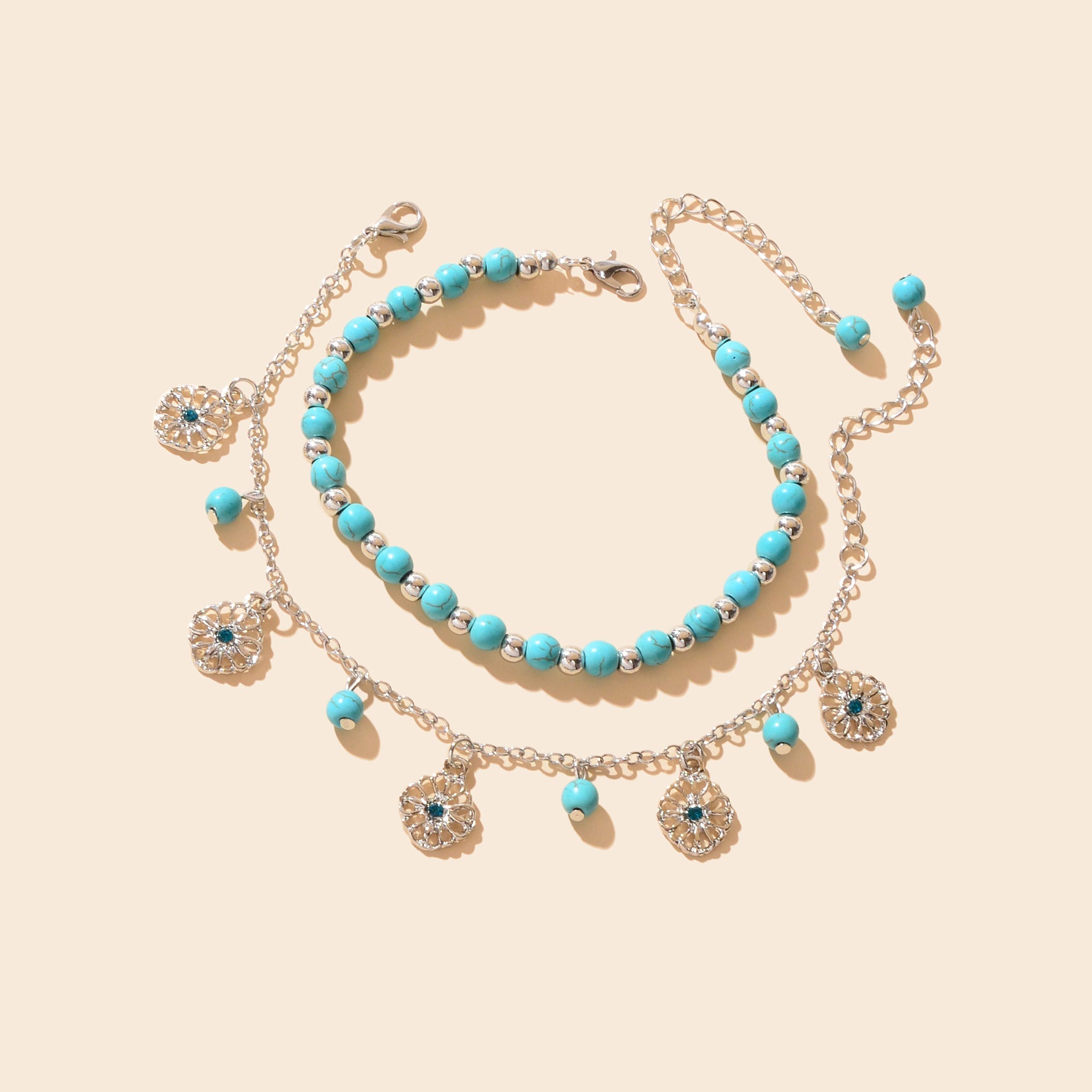 Turquoise Beads Double-Layered Anklet Round Pendant Boho Chic Foot Jewellery-2