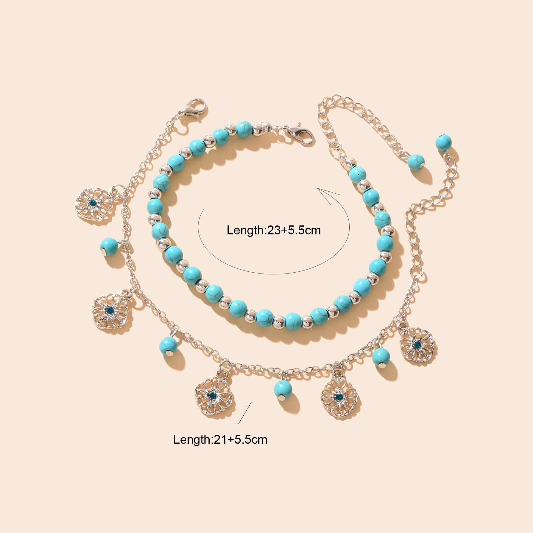 Turquoise Beads Double-Layered Anklet Round Pendant Boho Chic Foot Jewellery-3