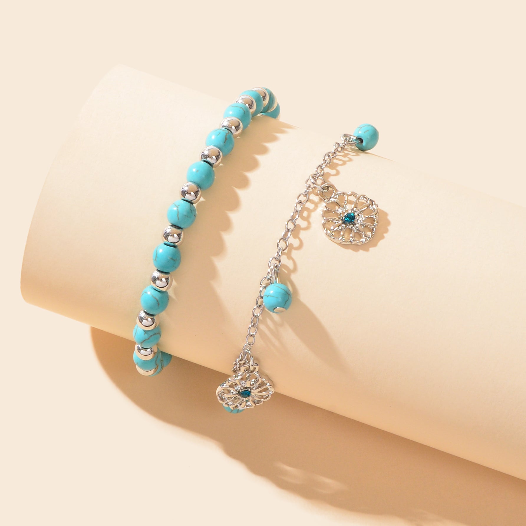 Turquoise Beads Double-Layered Anklet Round Pendant Boho Chic Foot Jewellery-4