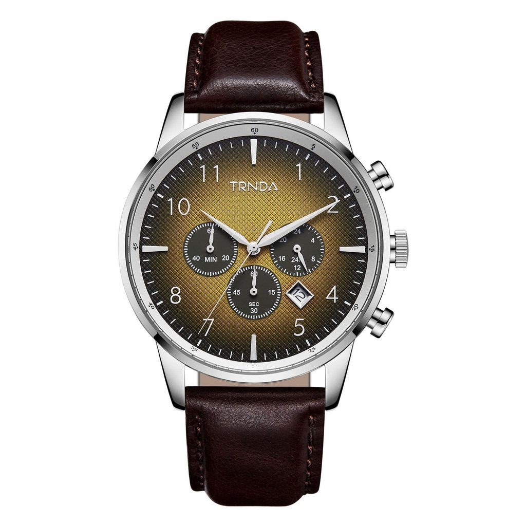 Trnda Men's Stainless Steel Watch, Brown Leather Band | Trn-Ss43b-0