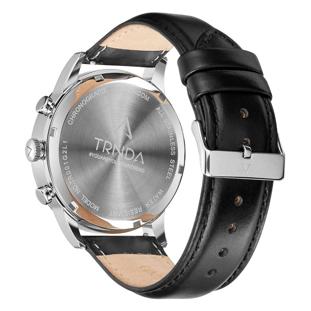 Trnda Men's Stainless Steel Watch, Black Leather Band | Trn-43sl-3