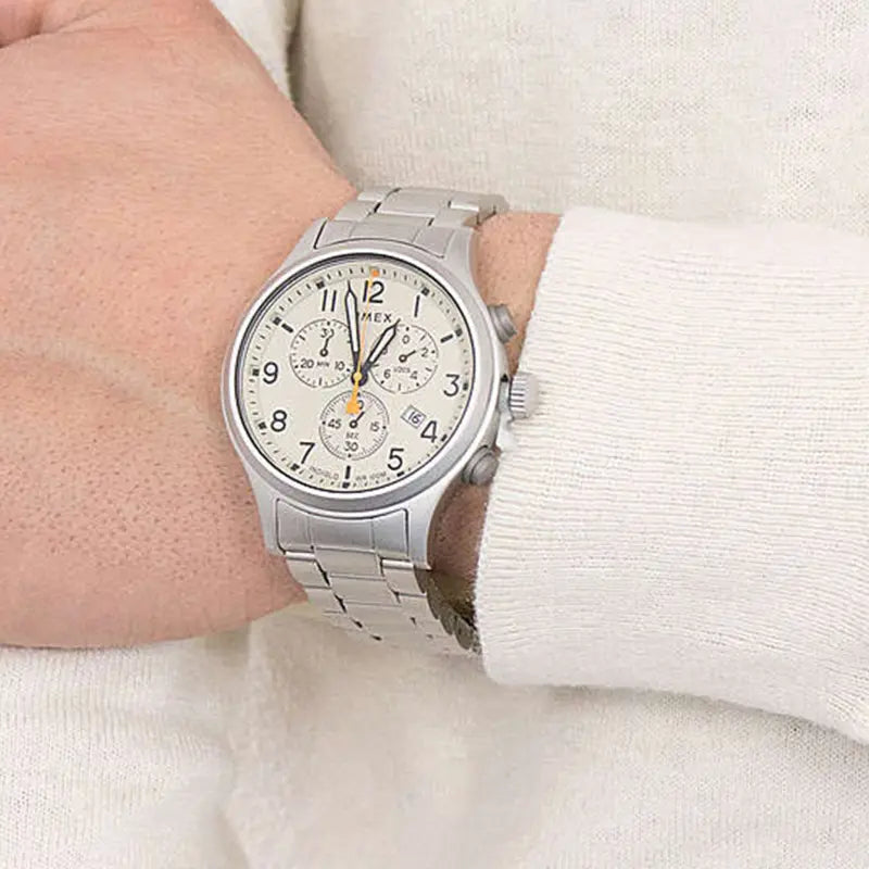 Timex Men's Silver Stainless Steel Watch, Off White Dial | Tw2r47600-3